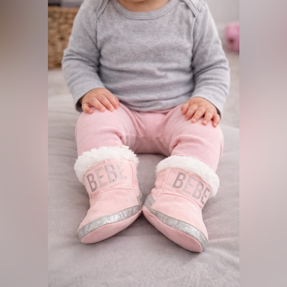 Bebe Pink Booties with White Fur and Silver Accents